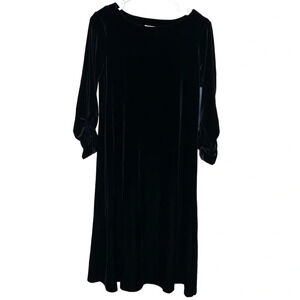 Susan Graver Black Velour Long Dress – Formal Evening Gown with Cinched Sleeves